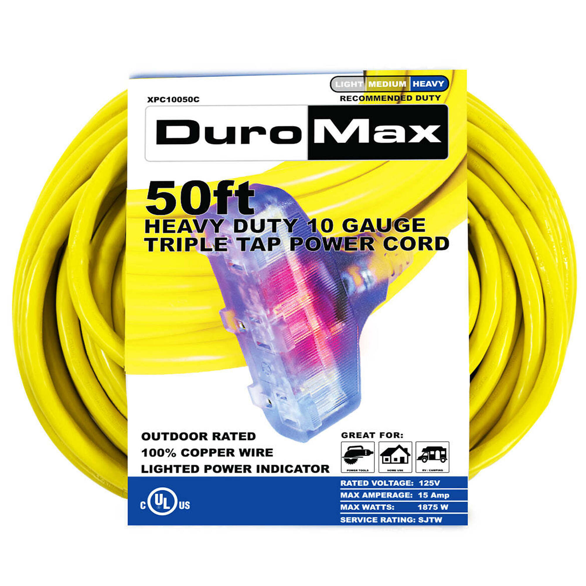 DuroMax, 50ft. 10 Gauge Triple Tap Extension Cord, Amps 15 Cord Length 50 ft, Max. Volts 120 Model# XPC10050C
